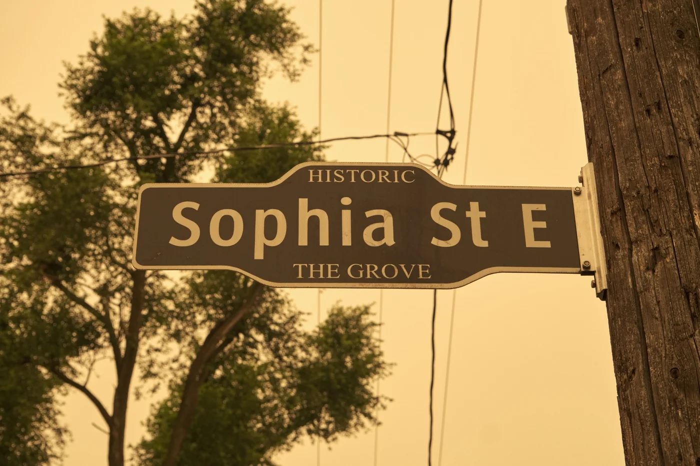 Historic Sophia Street East sign mounted to a weathered utility pole