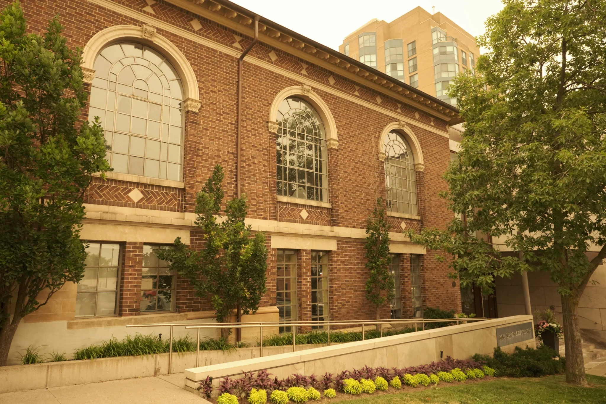 Close architectural study of brickwork and arched windows
